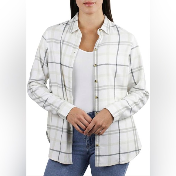 NWOT JACHS Girlfriend White and Gray Women's Super Soft Feel Flannel Shirt - Picture 1 of 8